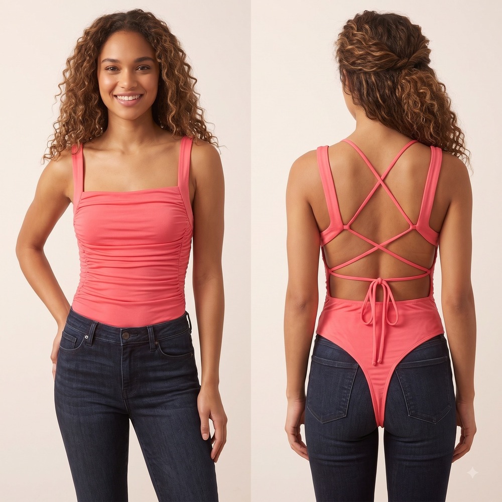 Lush Hot Pink Ruched Bodysuit Open Back Square Neck Tie Barbiecore Top Womens S